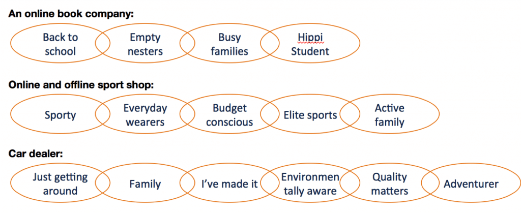 This is a diagram showing customer segment examples for 3 fictional companies