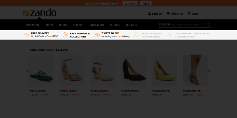 Image of the Zando website and they promises they have to their customers. They advertise free delivery, easy return and collection and 7 different ways to pay on their website