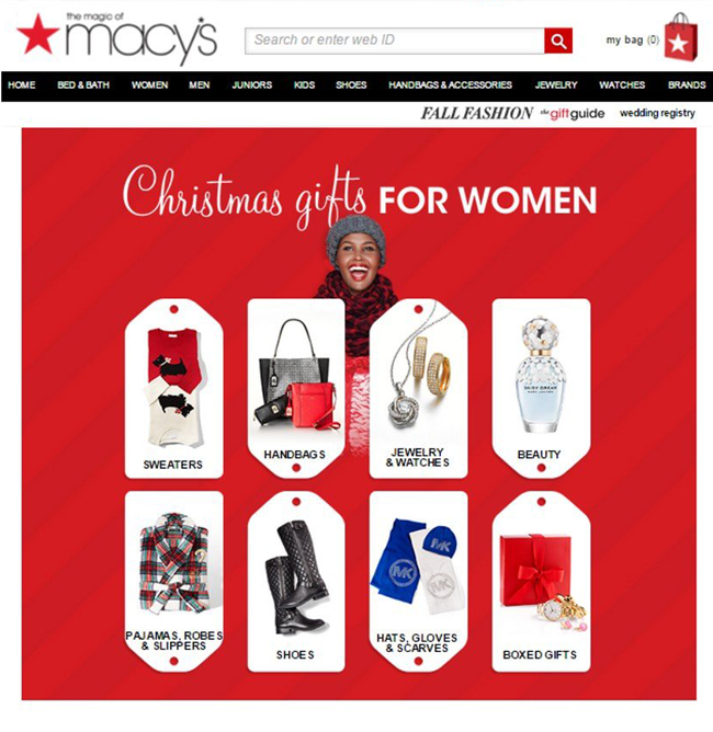 Image of marcy's home page. With cristmas ideas for woman