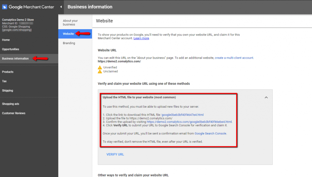 Screenshot showing you how you can verify your site during the set up process of setting up your google customer review.